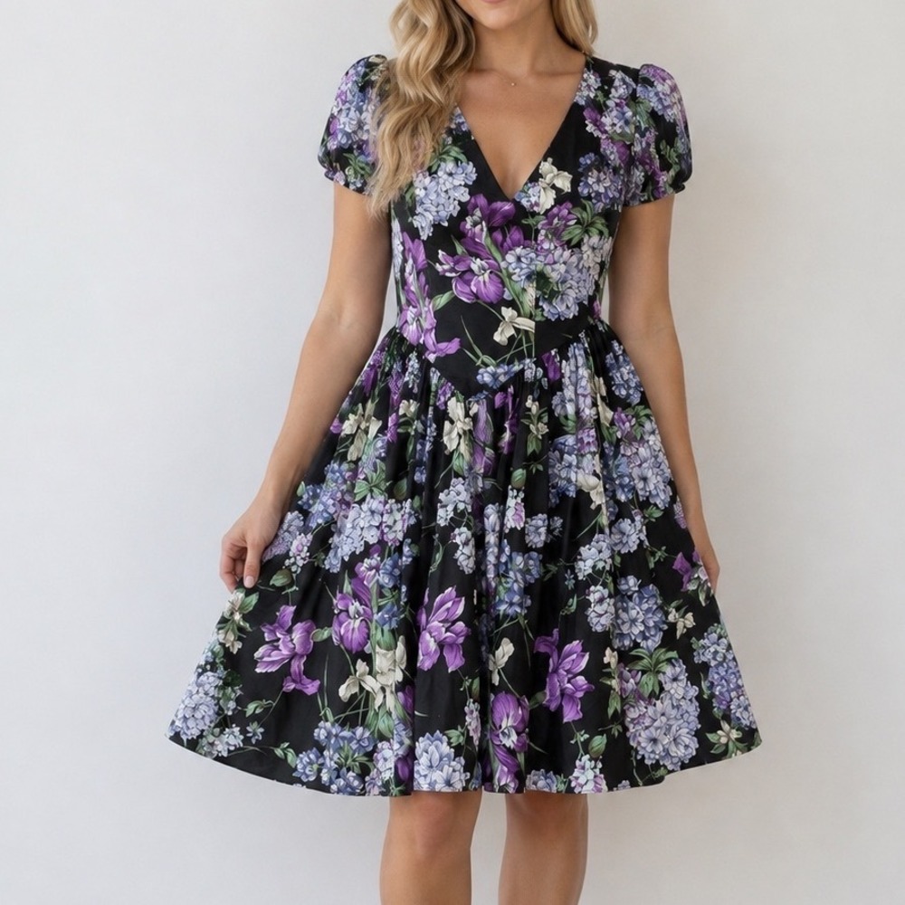 Vtg Loralie Floral Drop Waist Evening Gown Purple Black 80s cottagecore formal